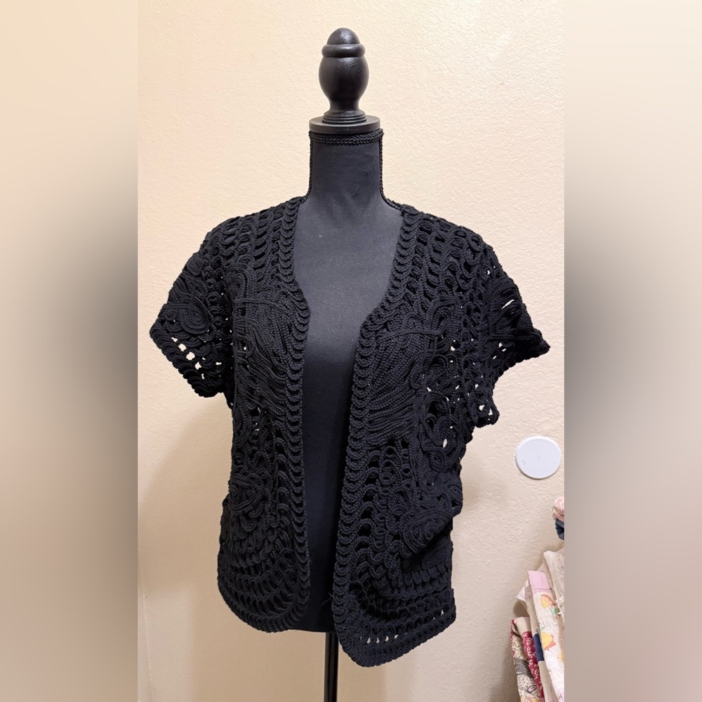 Coldwater Creek Black Cotton Short Sleeve Open Cardigan Size 14 - Picture 3 of 6